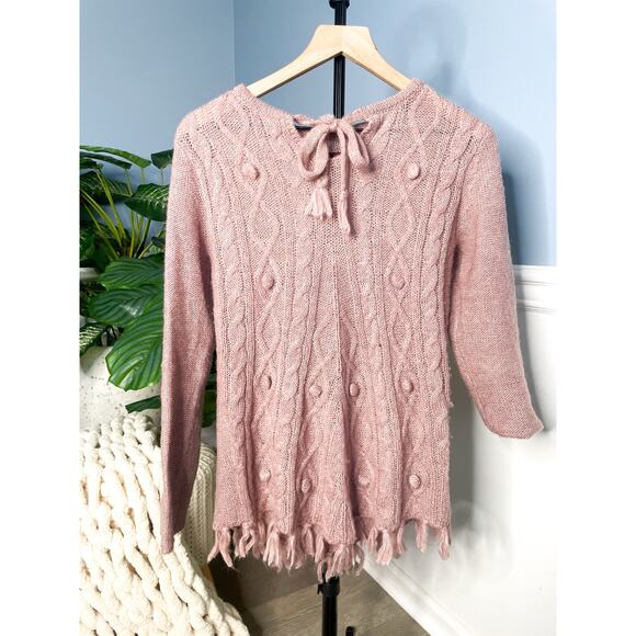 Prana Shelby Pink Fringe Poncho Sweater XS Cable Knit Pom Hem Cottagecore - Picture 5 of 11